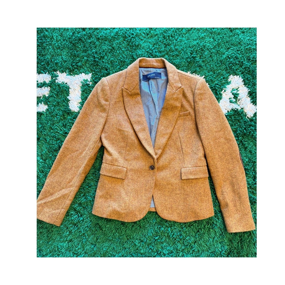 Zara Blazer Womens L‎ Mustard Yellow Excellent Shetland Wool Elbow Patch Jacket
